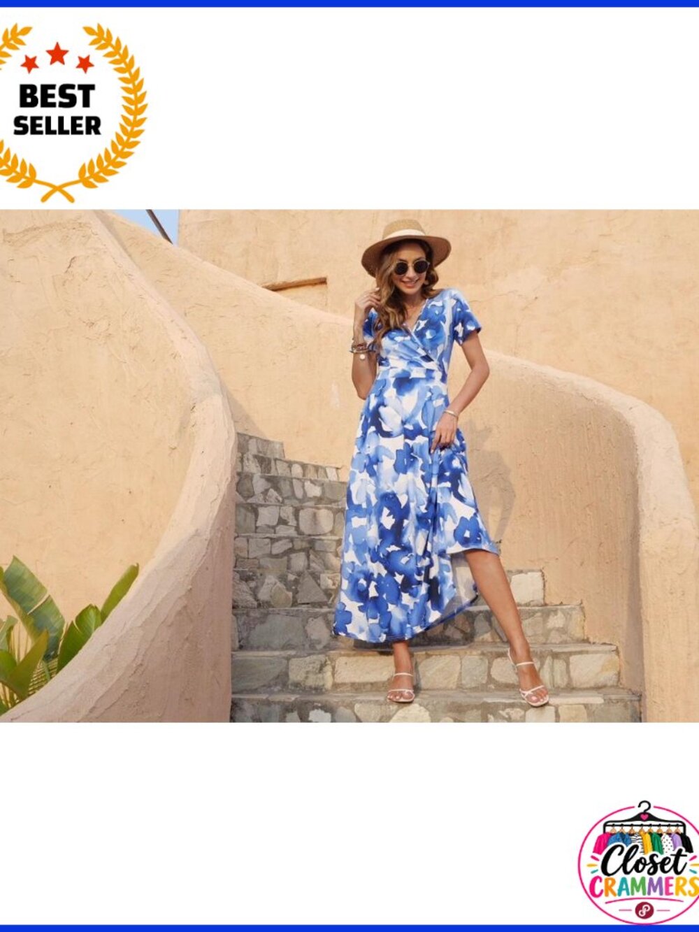 Women's Floral Wrap Maxi Dress Short Sleeve V-Neck Beach Vacation Casual - Picture 6 of 6